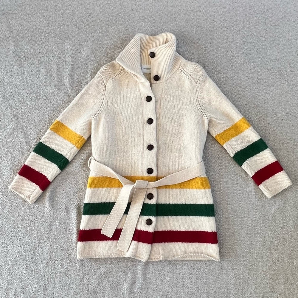 Liz Claiborne Vtg lambs wool blend tie waist sweater, Hudson Bay stripe design - Picture 15 of 16